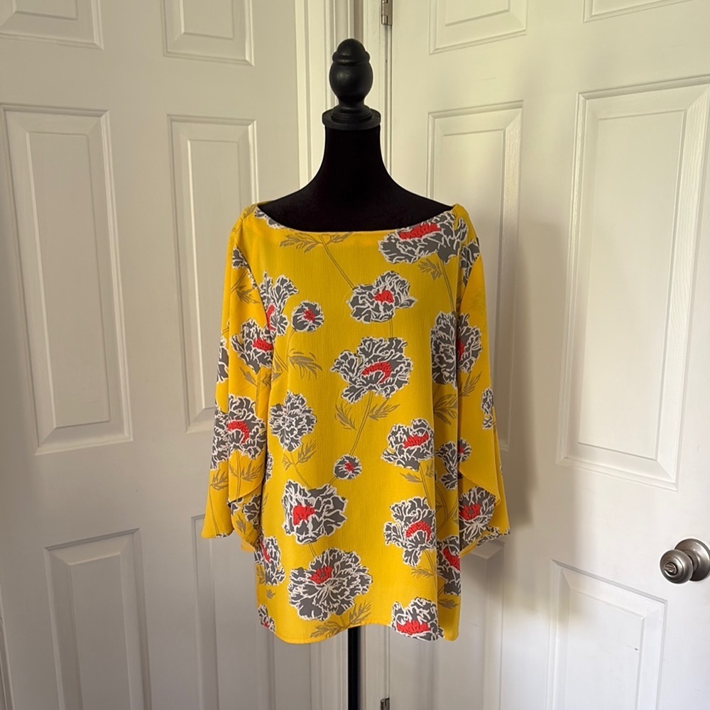 Banana Republic Yellow Floral Tunic Top with Statement Sleeves